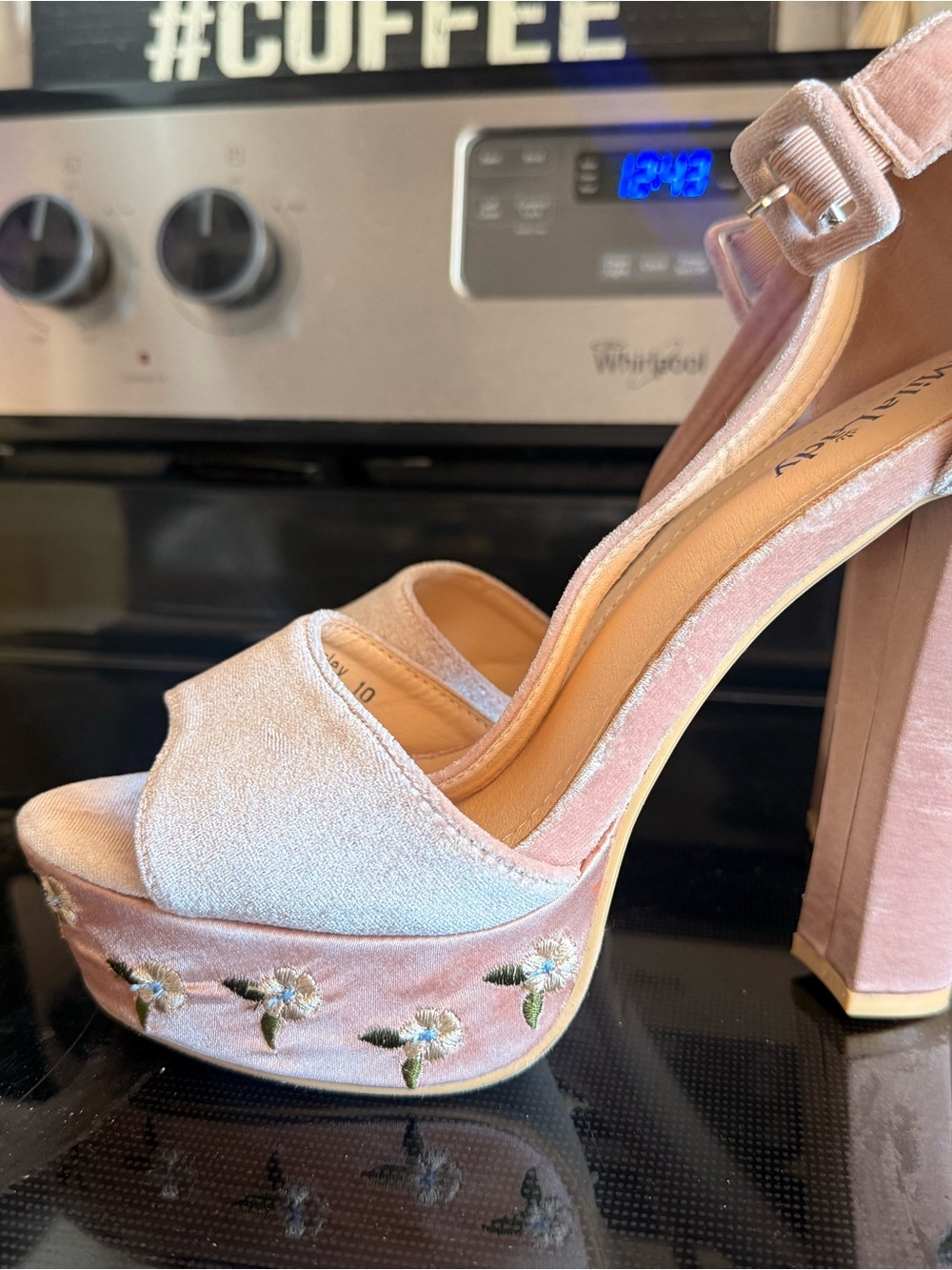 Embroidered Pink Velvet Platform Sandal with Ankle Strap